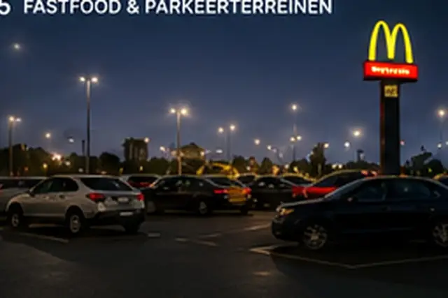 Verlicht parkeerterrein bij een wegrestaurant bij nacht
