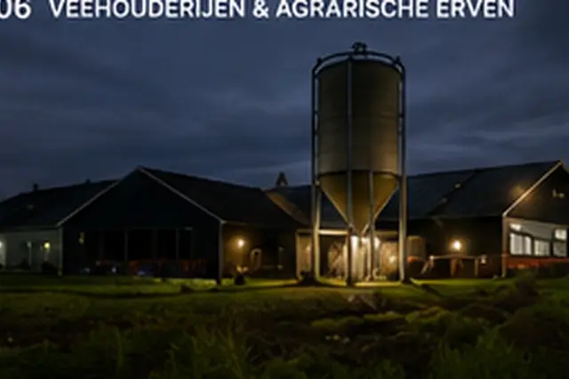 Veehouderij met stal en voersilo in de schemering