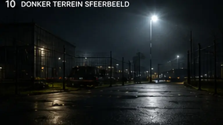 Donker bedrijventerrein bij nacht, gezien vanaf de rand van het terrein
