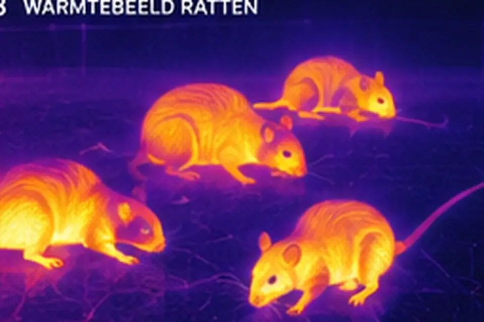 Warmtebeeld met de hittesignaturen van ratten in het donker